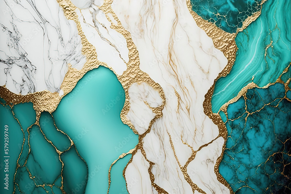 Turquoise, white and gold marble background. Invitation, card backdrop, banner. Ai generated