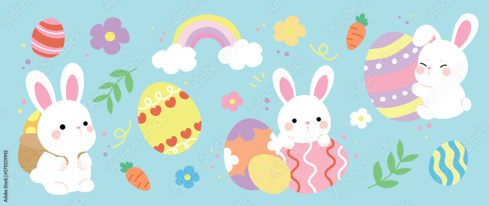 Happy Easter comic element vector set. Cute hand drawn fluffy rabbit, easter egg, spring flowers, leaf branch, rainbow. Collection of doodle bunny and adorable design for decorative, card, kids.