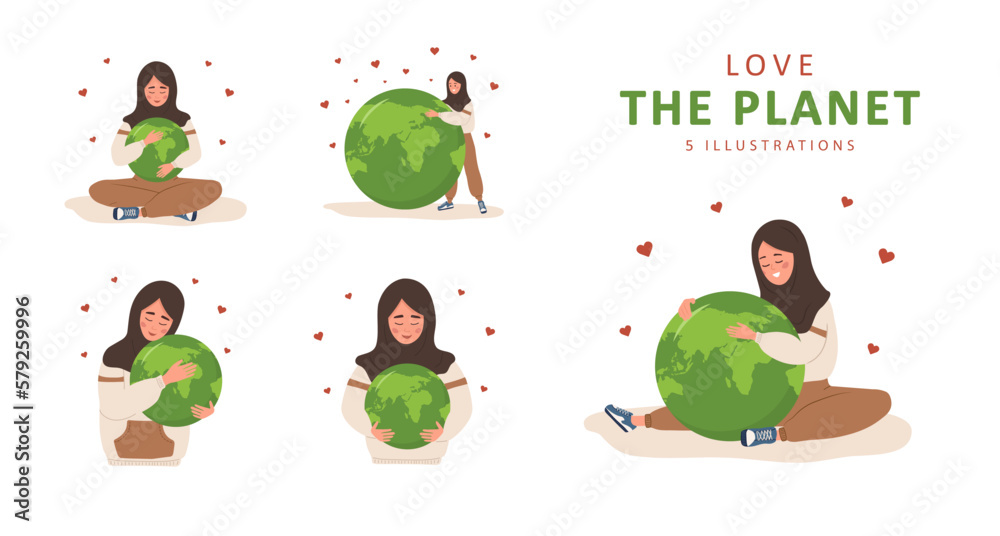 Love the planet. Smiling arabian woman hugs Earth globe with care and ...