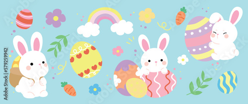 Happy Easter comic element vector set. Cute hand drawn fluffy rabbit, easter egg, spring flowers, leaf branch, rainbow. Collection of doodle bunny and adorable design for decorative, card, kids.