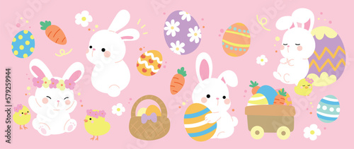 Fototapeta Naklejka Na Ścianę i Meble -  Happy Easter comic element vector set. Cute hand drawn fluffy rabbit, easter eggs, spring flowers, carrot, chick, basket. Collection of doodle animal and adorable design for decorative, card, kids.