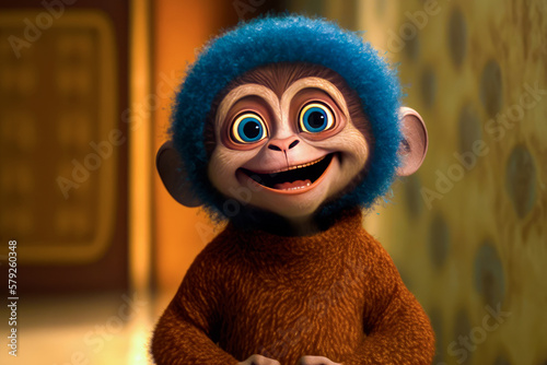 Cartoon monkey with blue hair is smiling. Generative AI. photo