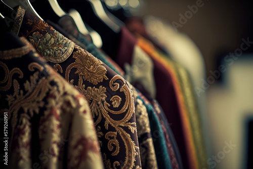 Close up image of clothes rack with stylish and elegant clothes in fashion atelier, generetive ai
