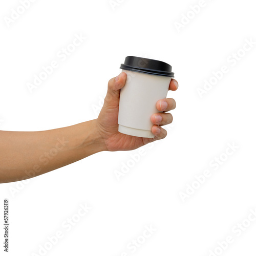 close up man hand hold mock up hot beverage cup isolated on transparent background for design as special offer and discount on banner ads for lifestyle concept