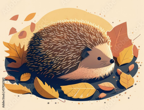 A sandycolored hedgehog rolling through a pile of autumn leaves basking in the sunlight. Cute creature. AI generation. photo