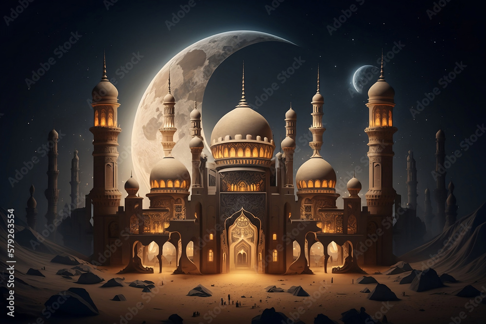 Eid Mubarak or Ramadan Kareem Concept Illustration Art with Mosque and Moon, Ai Generative