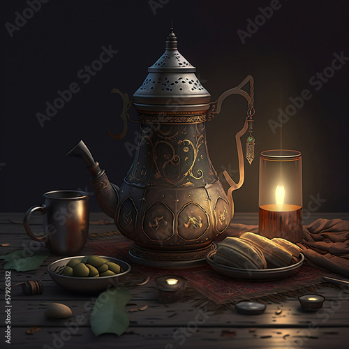Concept of Vintage Style Old Luxury Copper Potery or Melamine Set on Table, Generative Ai photo