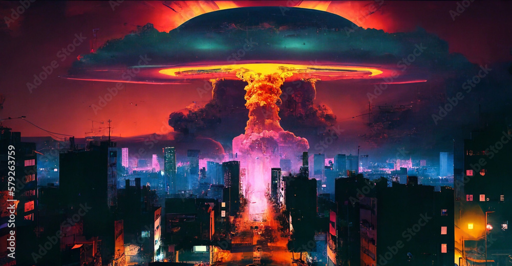 Painting of nuclear bomb explosion over a cyber city with skyscrapers during world war. Painting of nuclear bomb explosion over a cyber city with skyscrapers during world war.