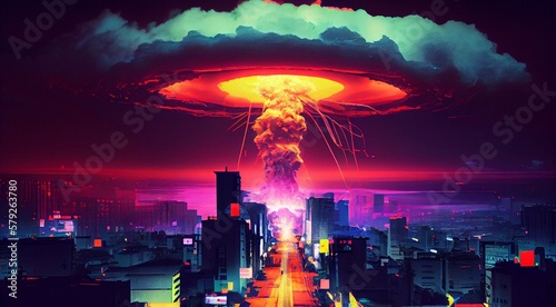 Painting of nuclear bomb explosion over a cyber city with skyscrapers during world war.