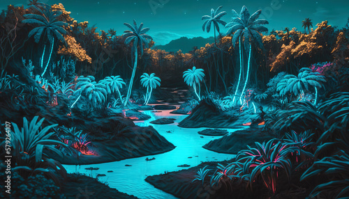 Tropical jungle in vibrant gradient neon colors. Synthwave rain forest. Generative AI