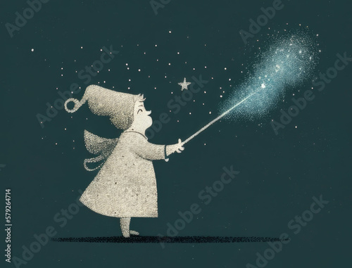 majestic fairy godmother her wand in hand sprinkling glittery dust in the sky. Cute creature. AI generation. photo