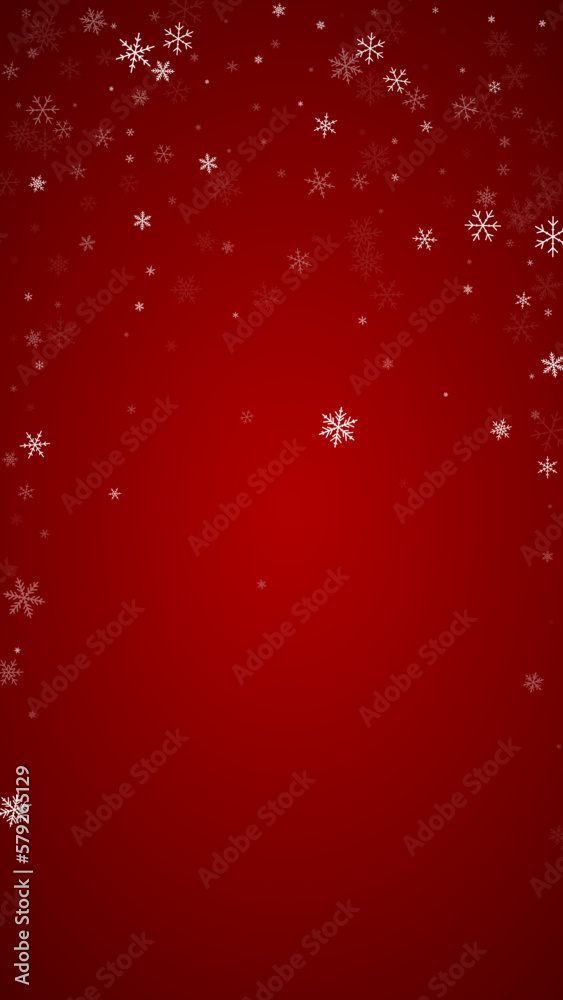 Snowy christmas background. Subtle flying snow flakes and stars on christmas red background. Delicate sweet snowy christmas. Vertical vector illustration.