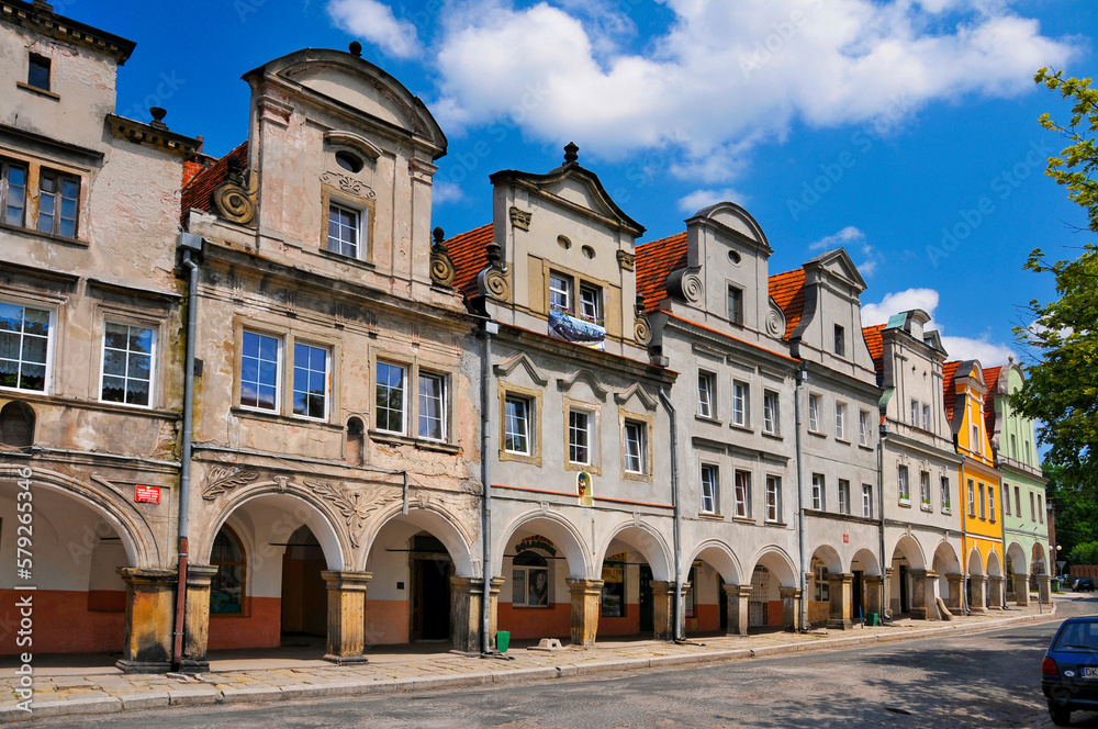 Baroque and classicist tenements at the market square in village Chelmno Slaskie, Lower Silesian voivodeship, Poland.