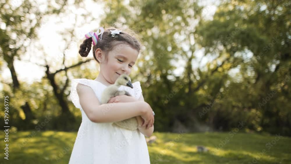 Close-up portrait of cute Caucasian girl holding yellow duckling and smiling at camera. Happy pretty child enjoying sunny summer day with pet outdoors. Close-up portrait of cute Caucasian girl holding yellow duckling and smiling at camera. Happy pretty child enjoying sunny summer day with pet outdoors.