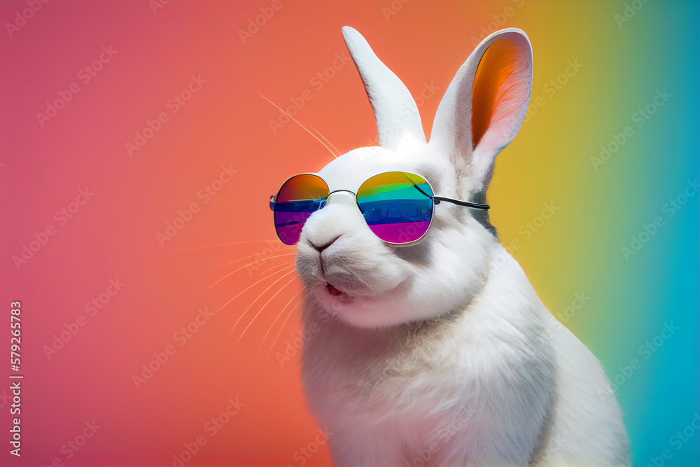 Fototapeta premium Cool bunny with sunglasses on colorful background. Generative Ai