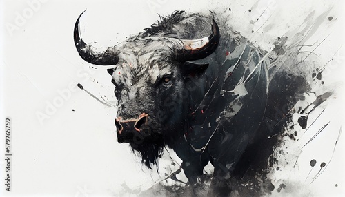 a painting drawing of aggressive buffalo bull by watercolor dark style, Generative AI, illustration photo