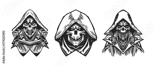 Vector set of scary black and white stencil skulls in hoods. Portraits of death on an isolated background. Stickers, logo or tattoo.
