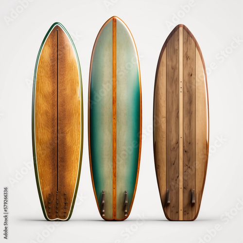 The Art of Surfing: Capturing the Beauty of Wooden Longboards. Old-School Cool: Retro Wooden Longboards in Stunning Detail. AI Generated Art.