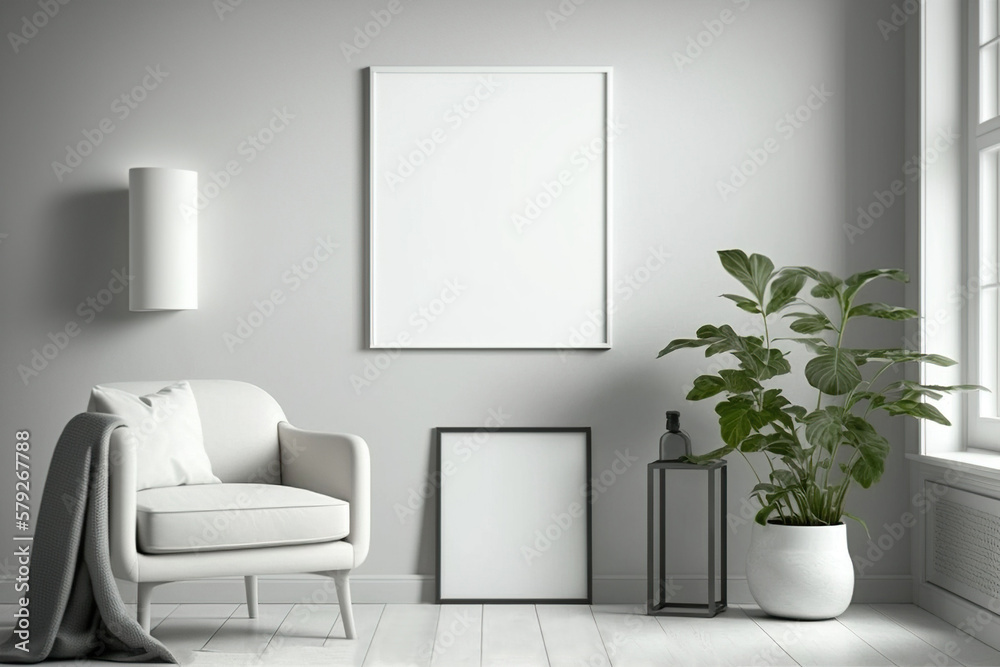 Blank square frame mockup for artwork or print on white or gray wall with torchere, eucalyptus green plant in vase and sofa scandinavian style, copy space. Blank square frame mockup for artwork or print on white or gray wall with torchere, eucalyptus green plant in vase and sofa scandinavian style, copy space.