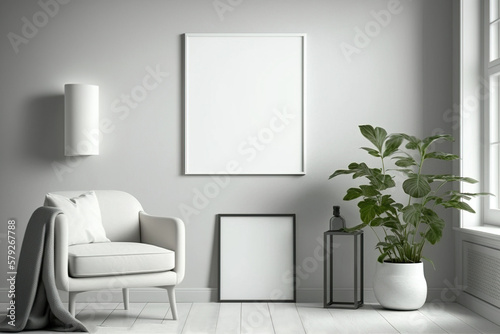 Blank square frame mockup for artwork or print on white or gray wall with torchere  eucalyptus green plant in vase and sofa scandinavian style  copy space.