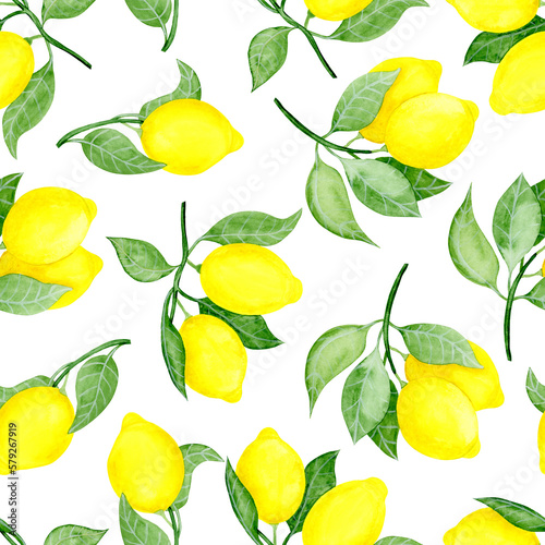 Seamless floral pattern-221, watercolour, hand drawn. Lemon tree branches, lemon fruits, white background.