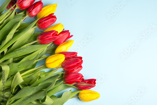 Banner with bouquet of tulips in pink and white colors. Concept of spring. Flowers background.