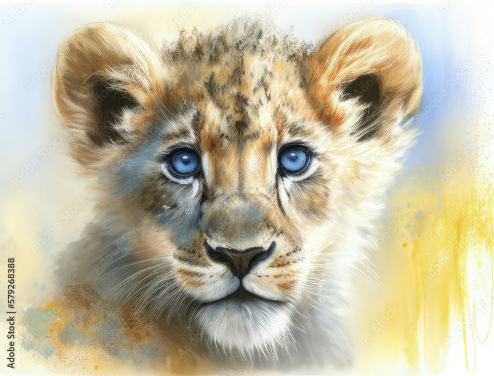Fototapeta premium A regal lion cub cub with eyes of sapphire fire Cute creature. AI generation.