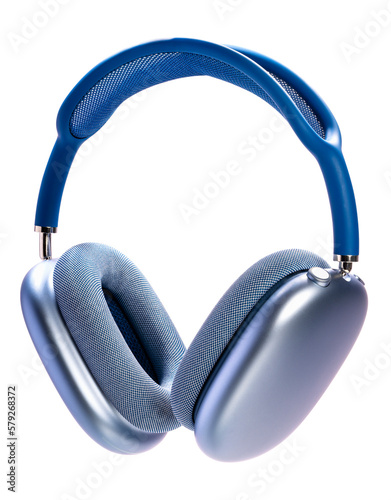 Blue wireless headphones isolated on white background, Blue headphone on white PNG file. photo