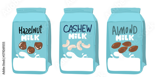 Set of different vegetable milk - almond, rice, coconut, soybeans. Vegan, vegetarian product for cooking food and drink.