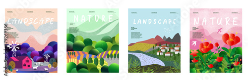 Nature and landscape. Vector illustration of mountains, Trees, plants, fields and farms. Editable work for cover or card designs.