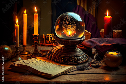 Tarot cards crystal ball and burning candles on wooden table. Mystery. generative ai. 