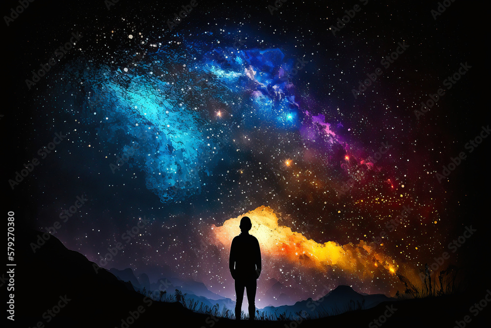 The silhouette man on the cosmic background of the Universe. Generative Ai