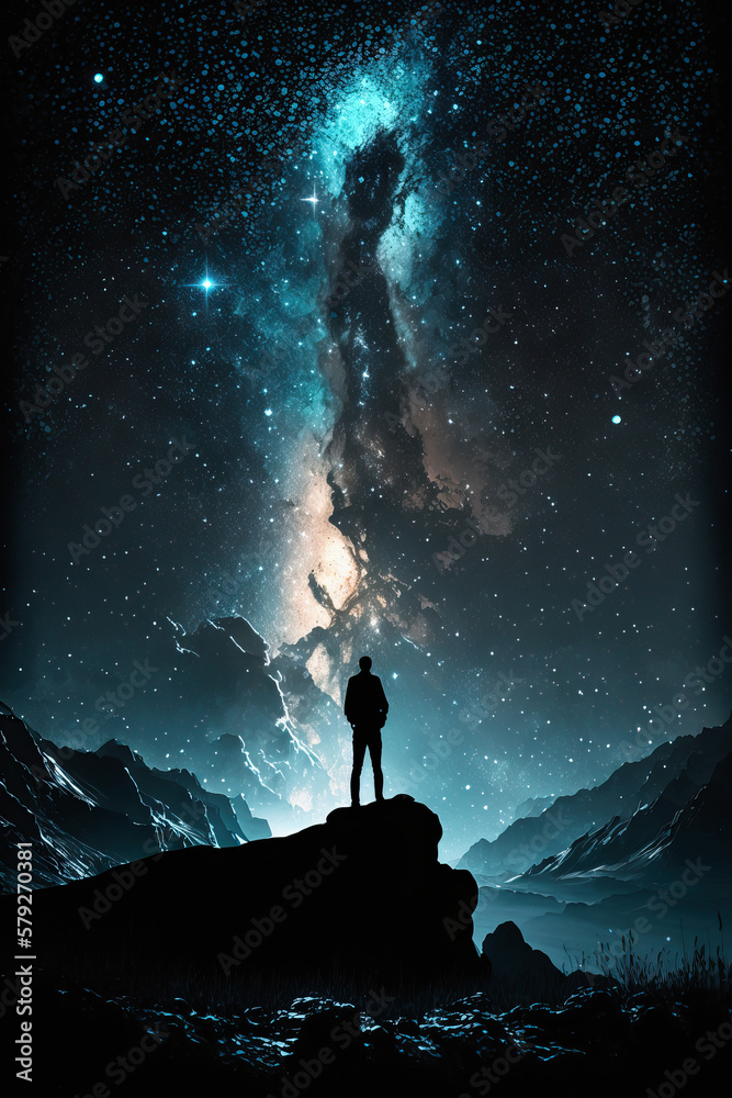 Fototapeta premium The silhouette man on the cosmic background of the Universe. Generative Ai