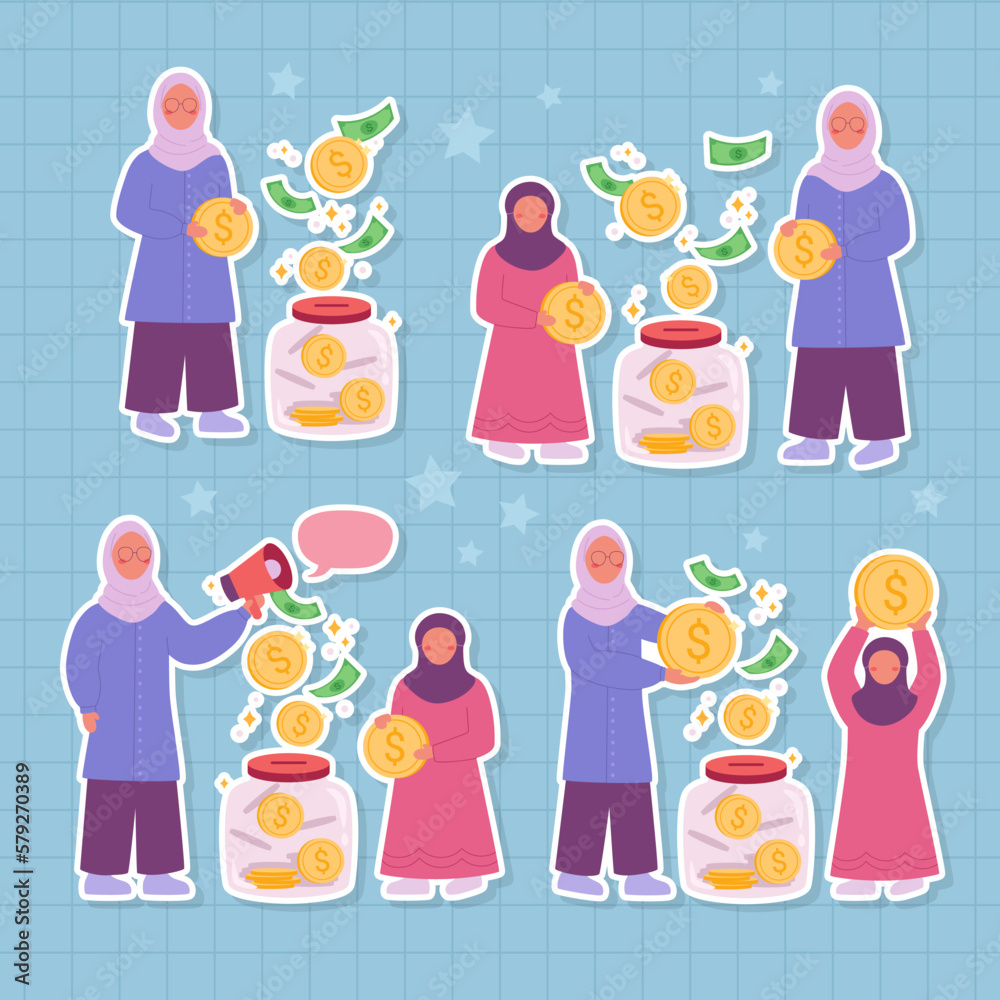 Hand drawn cute muslim woman save money set collection vector design Hand drawn cute muslim woman save money set collection vector design