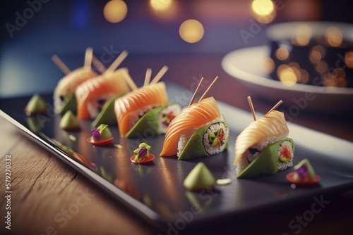 A set of Nigiri sushi on a luxurious plate, Japanese traditional food. Made by Ai, artificial intelligence.