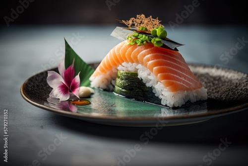 Nigiri sushi on a luxurious plate, Japanese traditional food. Made by Ai, artificial intelligence.