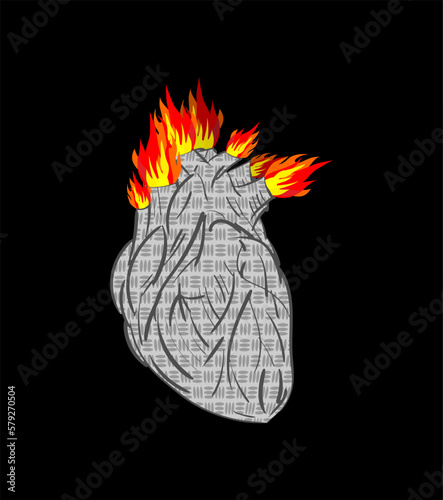 Iron heart anatomy tattoo sketch. Heart with flame