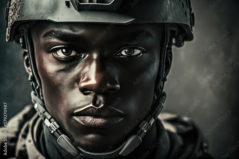 portrait of black soldier in a helmet and modern ammunition. Generative AI portrait of black soldier in a helmet and modern ammunition. Generative AI