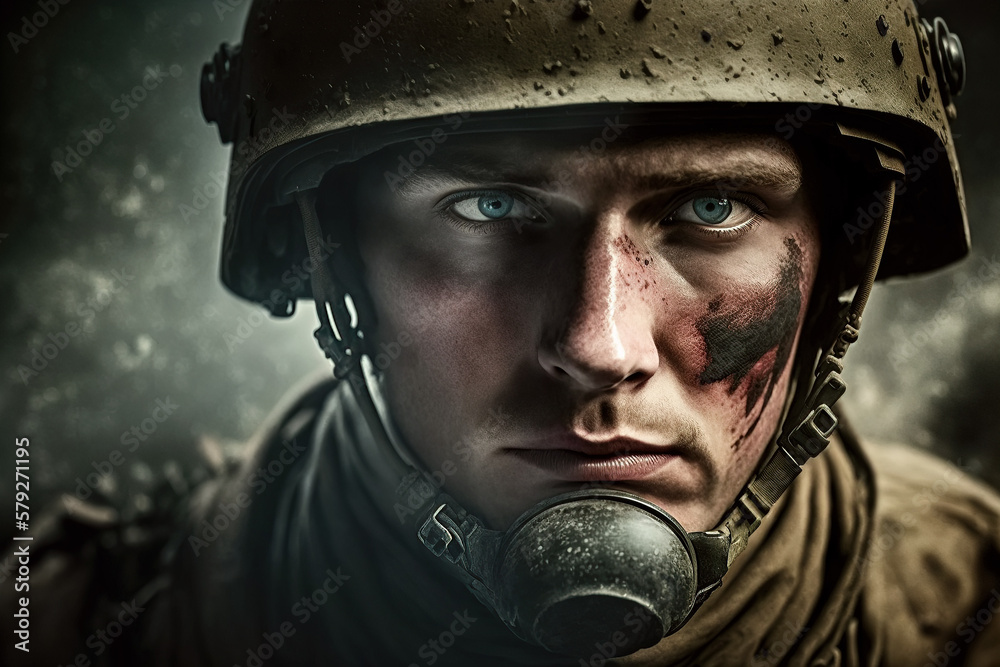 portrait of a soldier in helmet and modern ammunition on battlefield. Generative AI portrait of a soldier in helmet and modern ammunition on battlefield. Generative AI