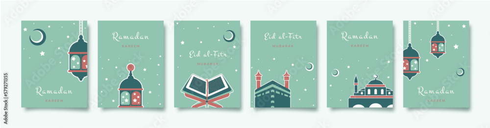 Ramadan Kareem. Set of Islamic greeting card with Kaaba, Quran, mosque, lantern. Vector holiday illustration in green colors for greeting card, poster and banner.