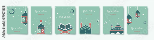 Ramadan Kareem. Set of Islamic greeting card with Kaaba, Quran, mosque, lantern. Vector holiday illustration in green colors for greeting card, poster and banner.