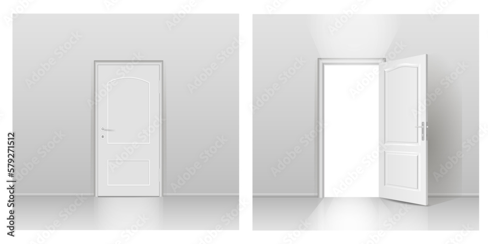Naklejka premium Two interiors with open and closed doors. Free space for copying, 3d images, banner.