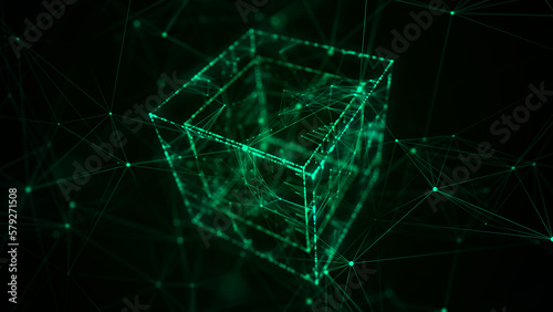 Futuristic cube with connected particles in cyberspace. Technology blockchain concept. Big data flow connections. Visualization of the dynamic flow of the cryptocurrency industry. 3D rendering.