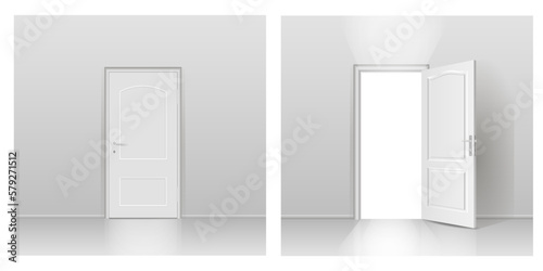Two interiors with open and closed doors.
Free space for copying, 3d images, banner. 