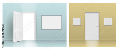 Two interiors with open and closed doors. Free space for copying  3d images  banner. 
