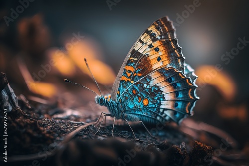 ﻿Capturing a butterfly with high detail in macro photography: AI generation. photo