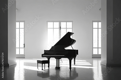 White background with a solitary grand piano. Generative AI