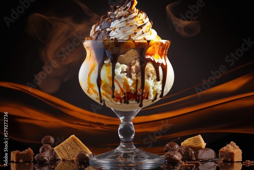 ﻿An incredibly tantalizing scoop of ice cream adorned with a topping in a glass - AI Generation photo