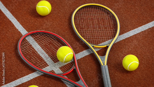 Tennis rackets and balls on hard court. 3D illustration © Destina