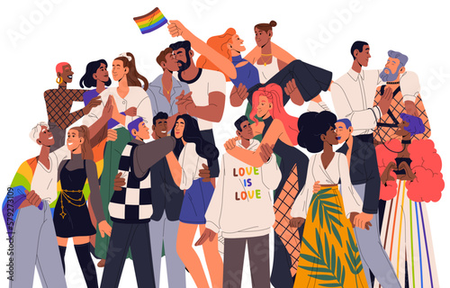 LGBT community. Homosexual couples at LGBTQ pride celebration, rainbow flag. Queer festival, love freedom, diversity, sexual revolution concept. Flat vector illustration isolated on white background